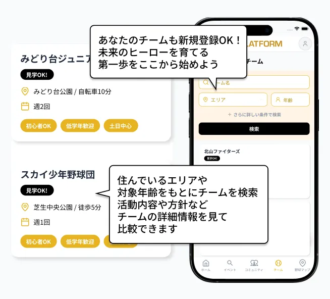 チーム機能: 地域や年齢でチームを検索、活動内容や雰囲気も一目でわかる